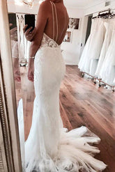 Ivory Mermaid Backless Deep V-neck Lace Wedding Dresses, Bridal Gown